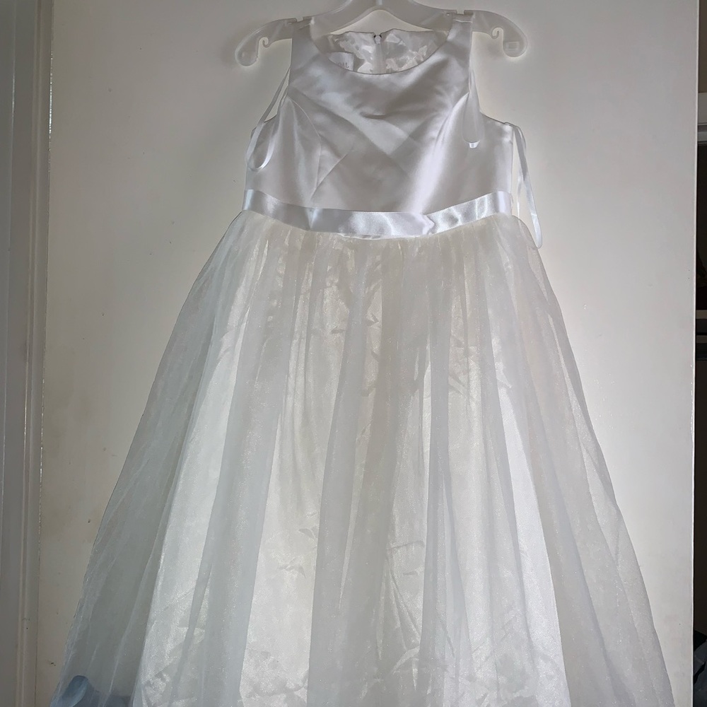 White Flower girl dress with blue rose petals